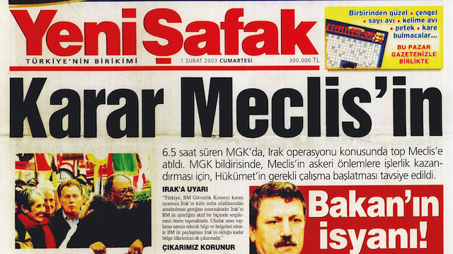 1 Şubat 2003 tarihli manşet