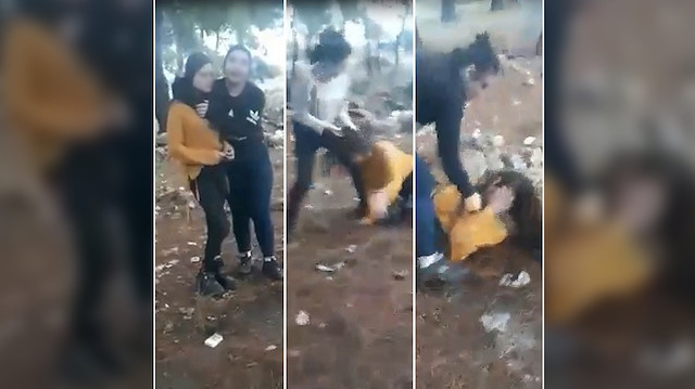 Genç kızların ormanda başka bir kıza şiddet uyguladıkları anlar kamerayla kaydedildi.