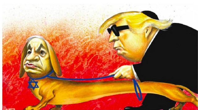 Netanyahu, ABD Başkanı Donald Trump'ı peşinden sürükleyen bir "rehber köpek" olarak tasvir edilmişti.