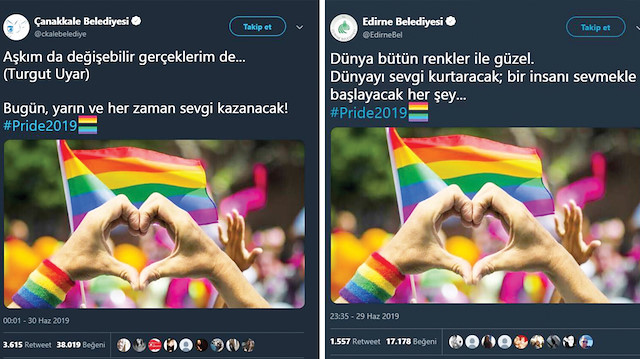 Çanakkale Belediyesi ve Edirne Belediyesinin Twitter hesabından yapılan skandal paylaşımlar.