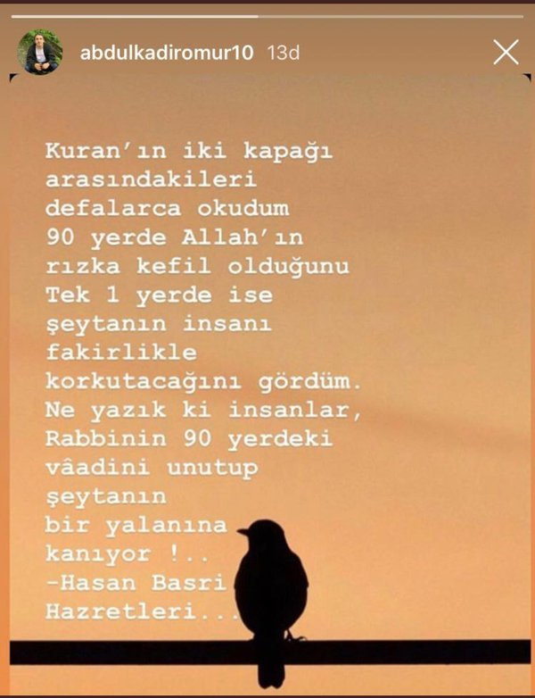 Abdülkadir Ömür'ün Instagram hesabından yaptığı paylaşım