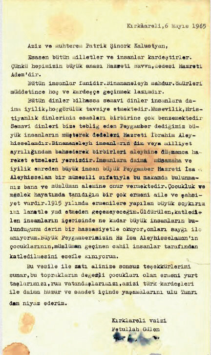 مراسلة غولن إلى بطريرك الأرمن في مايو 1965