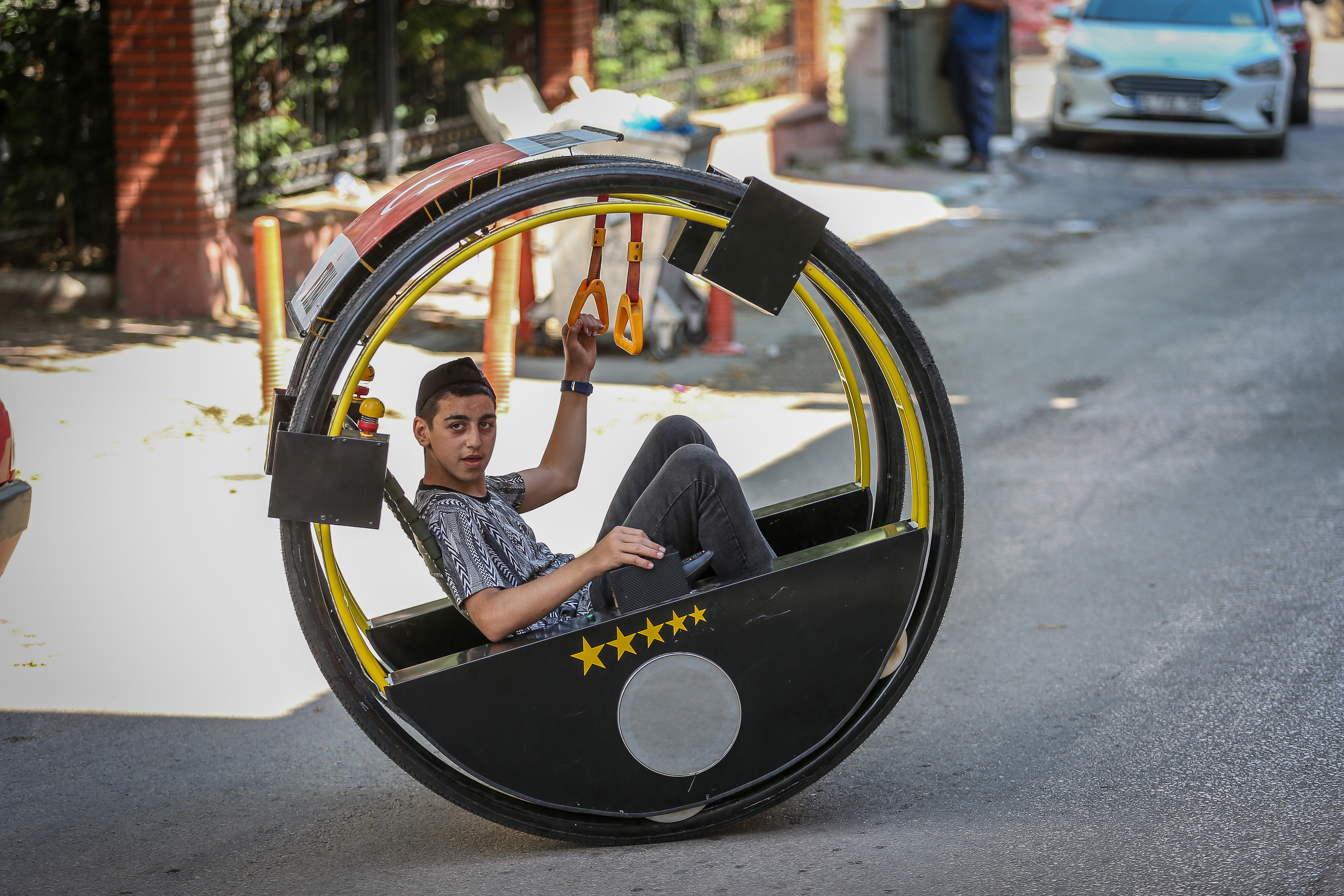 Two-wheeled vehicle named 'Haciyatmaz' takes people's attention in Turkey's Bursa